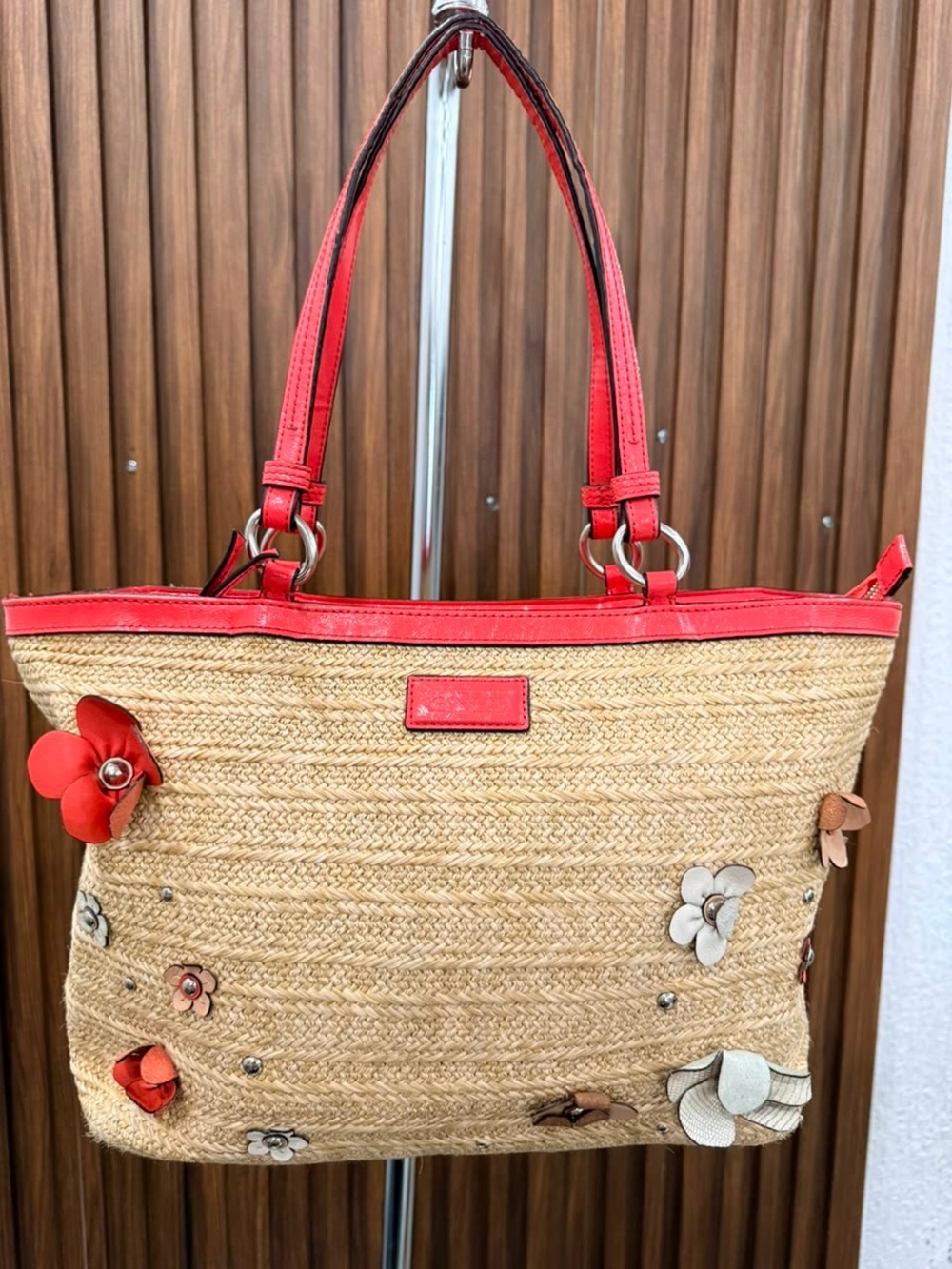 Coach Floral Straw Woven Bag Orange & Tan Shoulder Beach Summer Purse #F29861